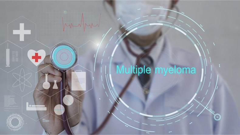 Doctor using stethoscope on Multiple myeloma and medicine background. Futuristic technology. data hologram healthy 