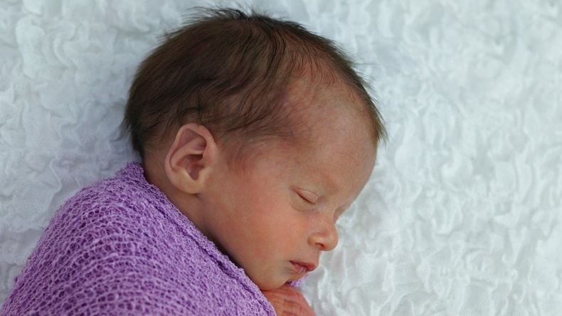 Premature baby wrapped in purple blanket