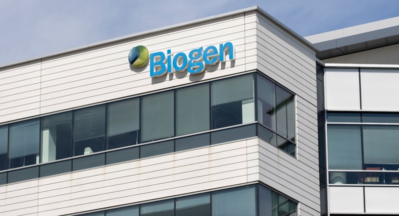 Biogen logo is seen at its headquarters in Cambridge, Massachusetts