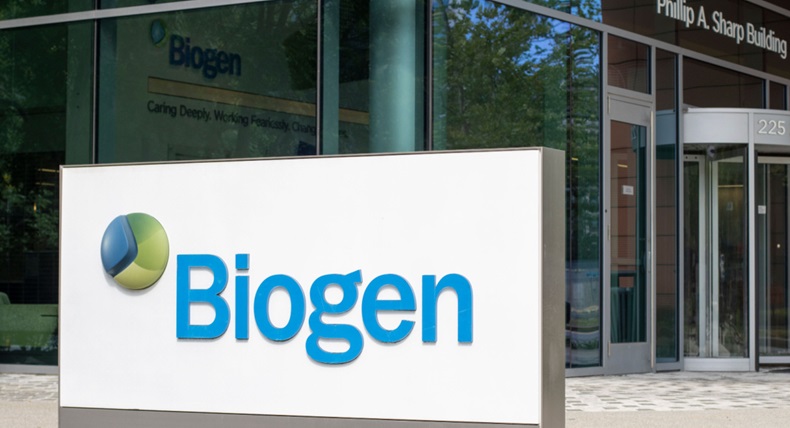 Biogen sign at its headquarters in Cambridge, Massachusetts