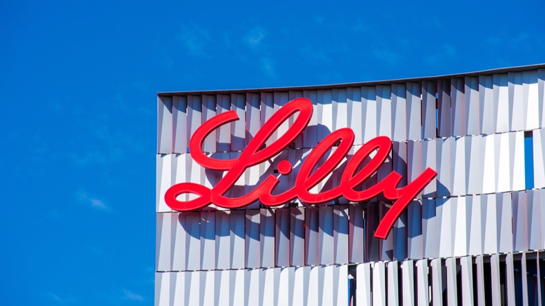 Eli Lilly logo sign atop Lilly Biotechnology Center