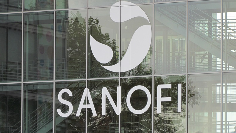 Lyon France, 3 October 2017: White logo of the french multinational pharmaceutical company Sanofi on their glass office building in Lyon France