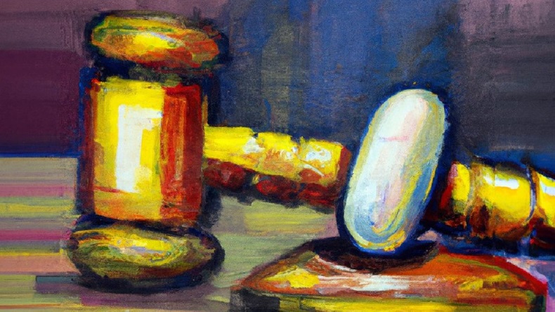Expressionist pill and gavel