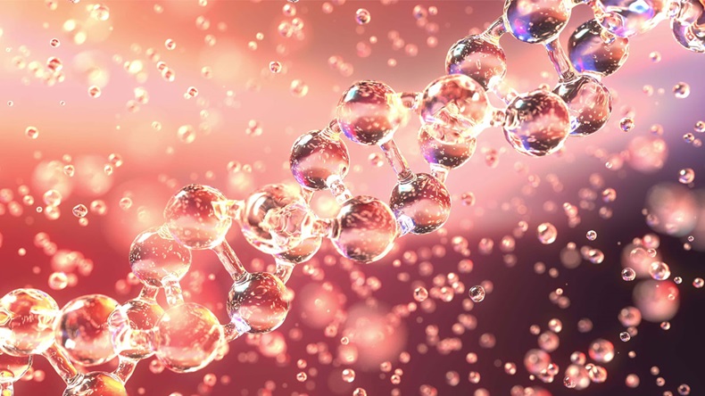 Diagonal DNA molecule and transparent droplets, shallow focus. Biochemistry, modern medicine or genetic research related 3D rendering background