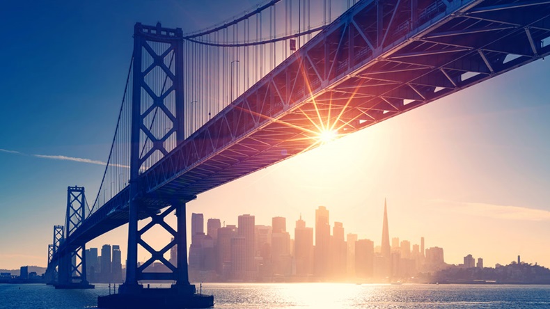 San Francisco skyline retro view. America spirit - California theme. USA background. - Image
