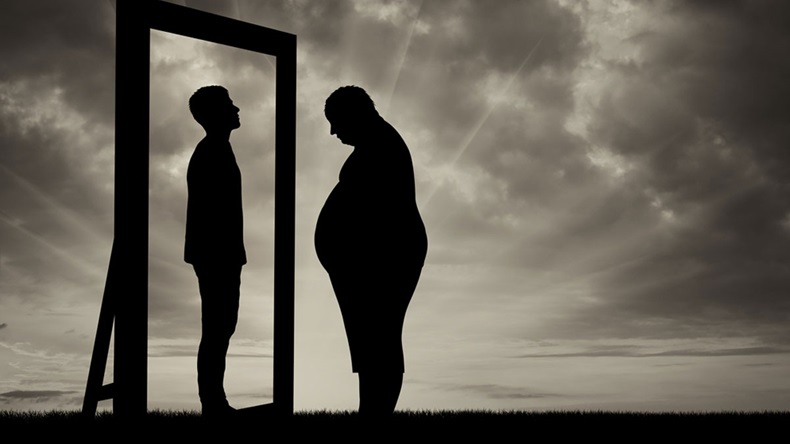 Fat sad man and his reflection in the mirror of a normal man against sky. Obesity concept - Illustration