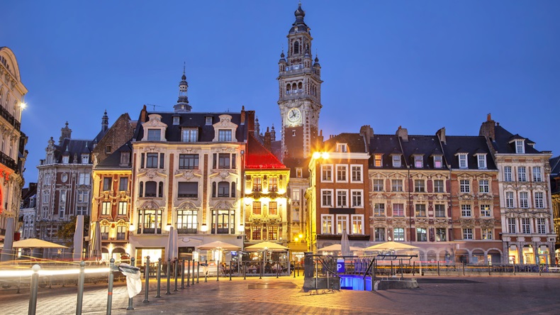Old buildings on the Grand Place square at the evening, Lille, France - Image 