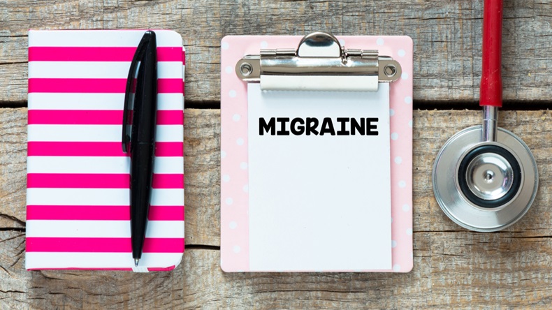 Migraine/ The word migraine included in the notes on the wooden background.