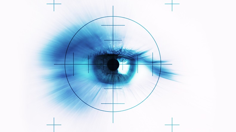 Concept of eyesight, closeup of one eye with a target centred