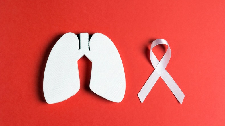 White lung cancer awareness ribbon and lung symbol on red background. November lung cancer awareness month. Healthcare and medicine concept.