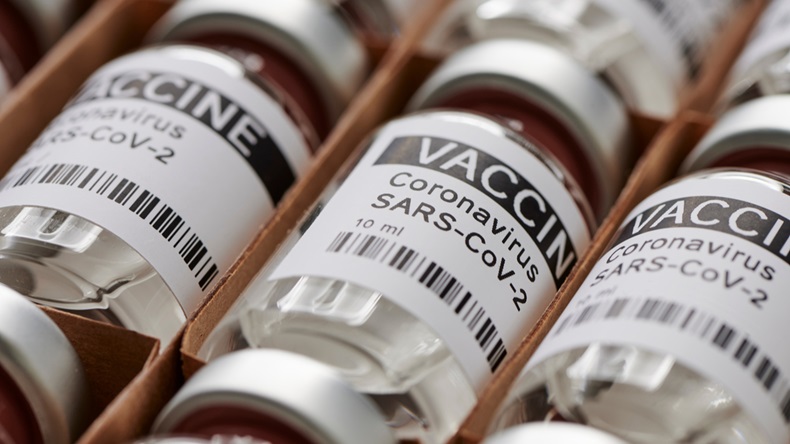 Bottles coronavirus vaccine. sars-cov-2 / COVID-19. Some ampoules with ncov-2019 vaccine in a box. to fight the coronavirus pandemic.
