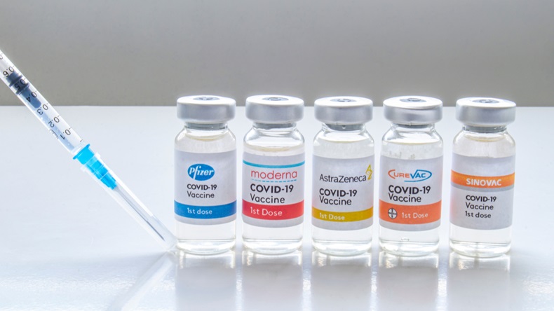 Several vials vaccine bottles of covid-19 immunization popular vaccines brands in the world
