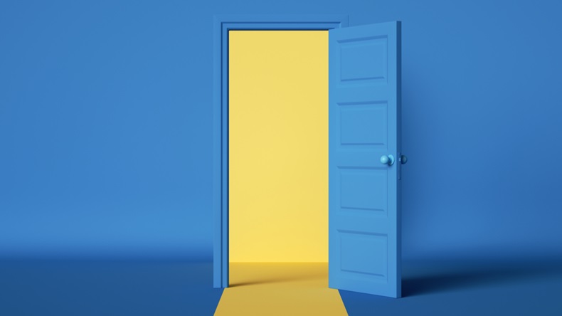 3d render, yellow light inside the open door isolated on blue background