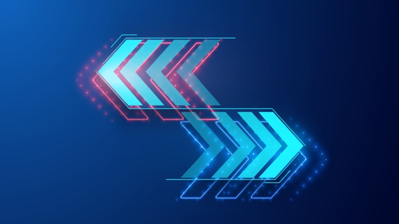 Digital money send, currency exchange sign. Neon futuristic transfer arrow icon. Web trade symbol. Mutual exchange of information isolated on blue background