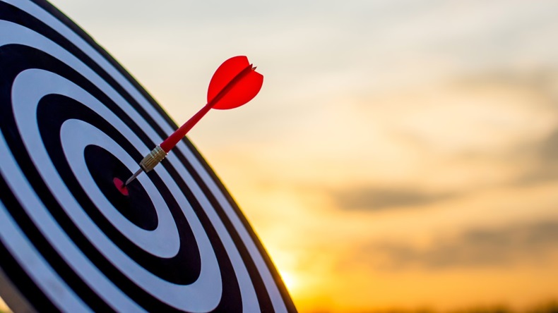 Red darts are placed in the center of the plate for darts and evening lights, a concept of targeting for business success.