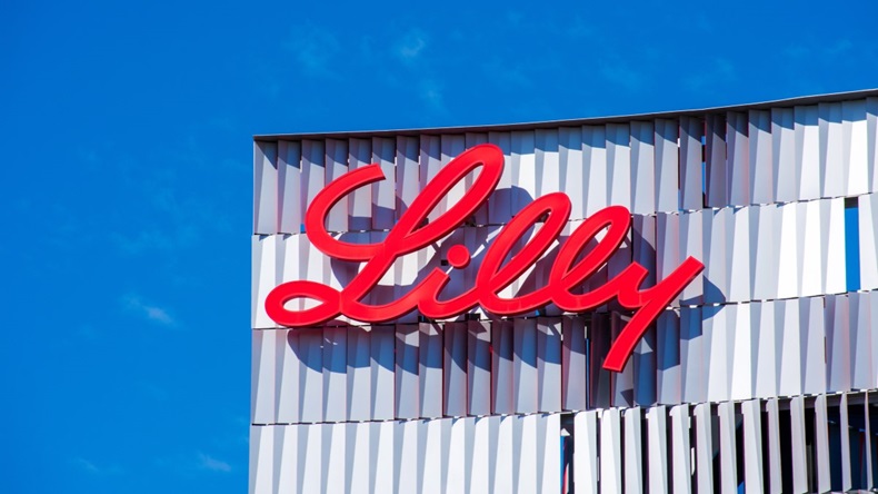 Eli Lilly logo sign atop Lilly Biotechnology Center campus of an American pharmaceutical company Eli Lilly and Company