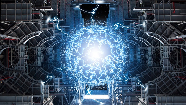 Conceptual high tech power plant thermonuclear or nuclear reactor, including elements of fusion space stations, electricity production, microwave components.