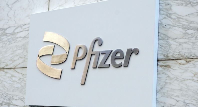 A Pfizer building sign in midtown Manhattan