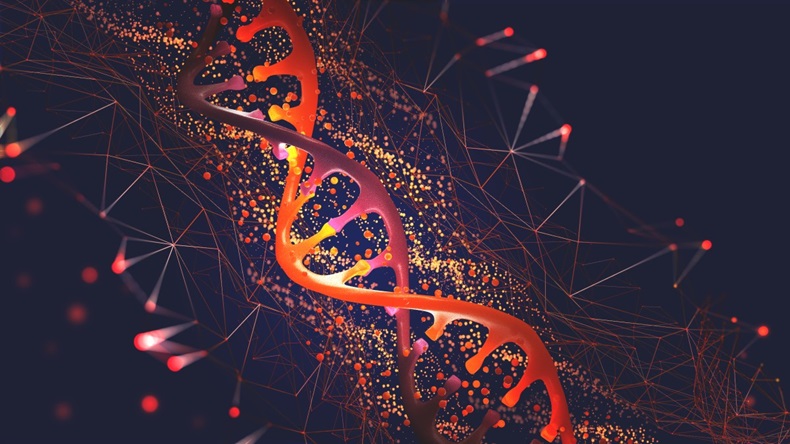 orange DNA helix graphic on navy blue background