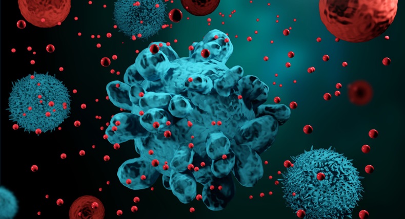 3d illustration of cytotoxic CAR exosomes secreted by engineered T immune cells