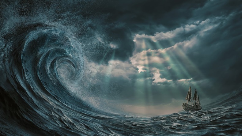 Sea storm and ship