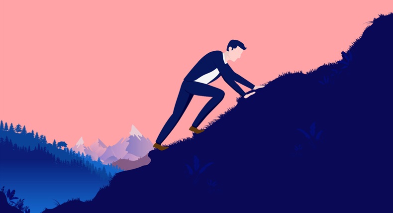 Climb to success - Man working hard and climbing to reach the top of hill