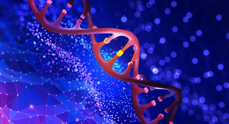 DNA helix 3D illustration. Mutations under microscope. Decoding genome.