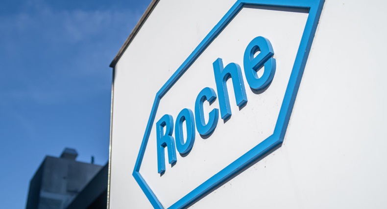 Roche logo at HQ in Basel, Switzerland
