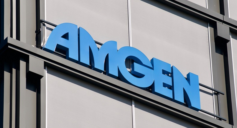 Amgen logo sign hanging on the office building in Rotkreuz, Switzerland