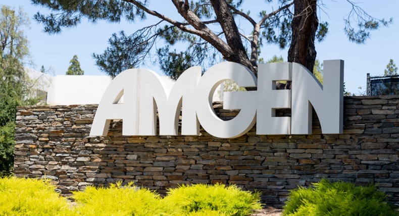 Close up of Amgen sign at its headquarters in Thousand Oaks, California, USA