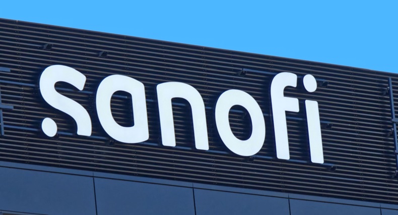 Sanofi logo at a skyscraper in Warsaw, Poland