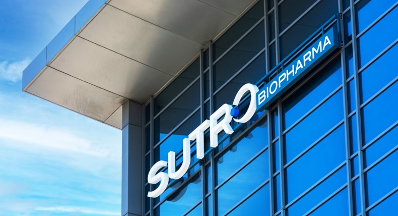 Sutro Biopharma sign, logo on headquarters facade of an American public biotechnology company. - South San Francisco, California,