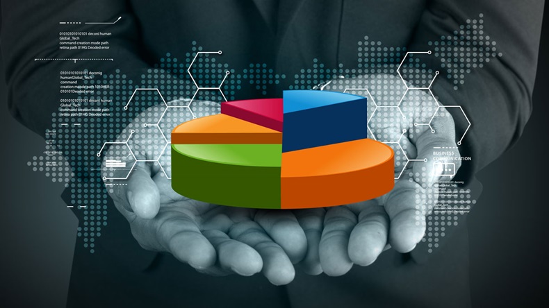 Business man showing pie chart in color background