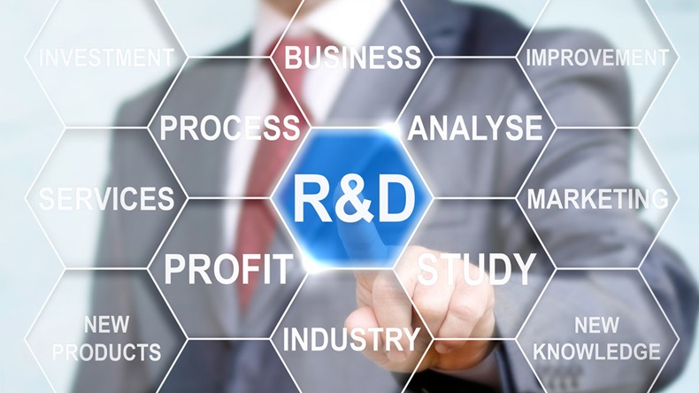 Businessman touched r and d sign. R d icon network business concept word cloud background tag. R&D: Research and development word lettering typography design illustration with line icons and ornaments