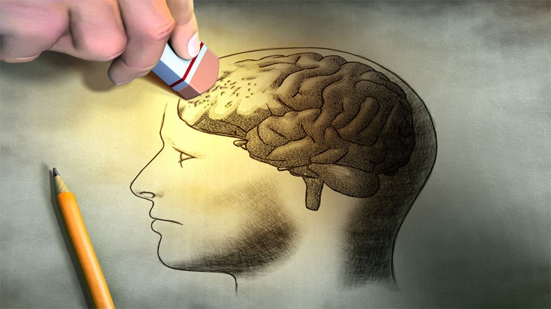 Someone is erasing a drawing of the human brain. Conceptual image relating to dementia and memory loss. Digital illustration.
