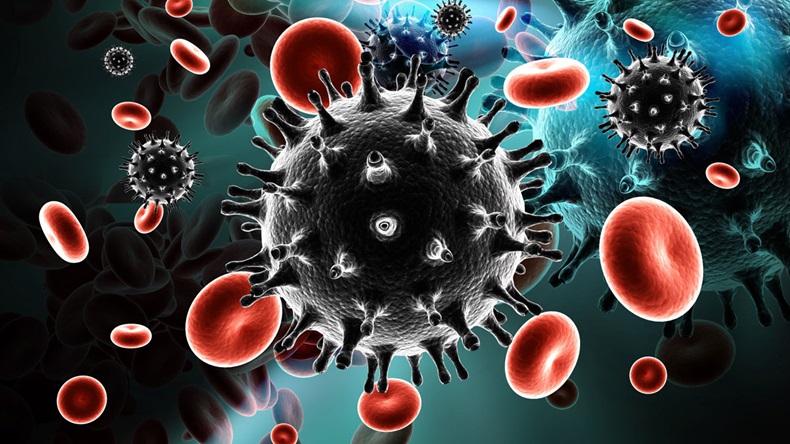 Digital illustration of HIV Virus in Blood Stream in color background