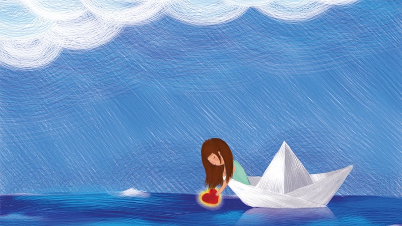 illustration drawing of lonely girl let go red shining heart on paper boat sailing in the ocean over clouds blue sky. Idea of art, freedom, let go. Graphic painting template wallpaper background